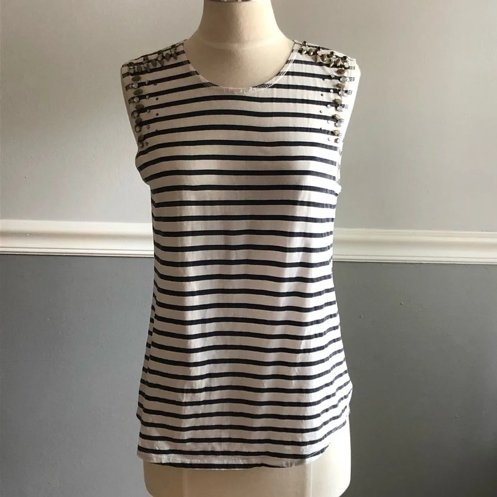 J. Crew Embellished Navy & White Striped Tank Top, Small